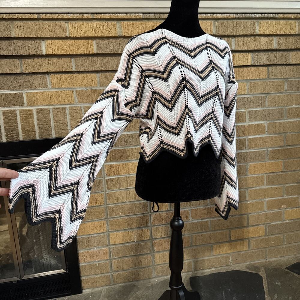 Audrey Parks Chevron Women’s Crochet Open Knit Crop Sweater Bell Sleeves 70s Y2K